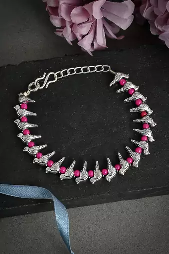 Women silver-plated pink beaded charm handcrafted anklet