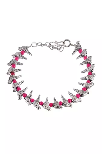 Women silver-plated pink beaded charm handcrafted anklet
