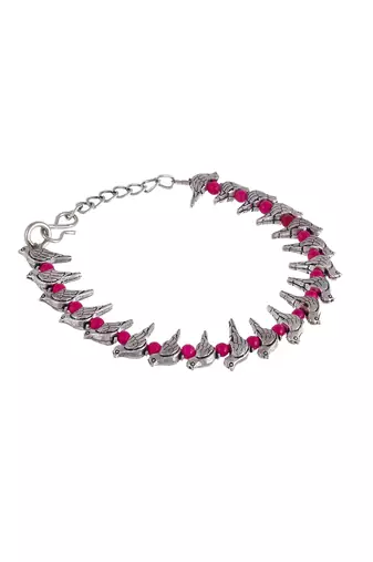 Women silver-plated pink beaded charm handcrafted anklet