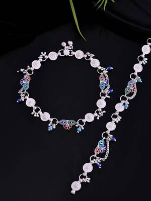 Silver-plated artificial beads beaded floral and coin charms anklet 2