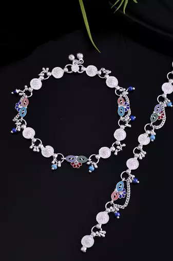Silver-plated artificial beads beaded floral and coin charms anklet