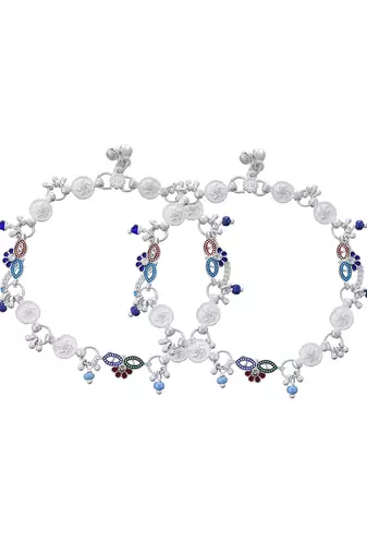 Silver-plated artificial beads beaded floral and coin charms anklet