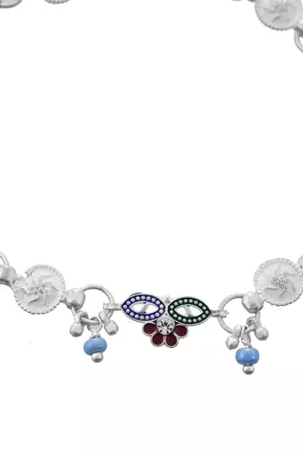 Silver-plated artificial beads beaded floral and coin charms anklet