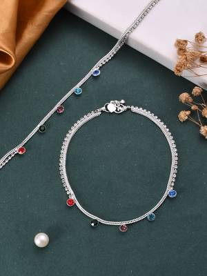 Set of 2 silver-plated stones studded anklets 2
