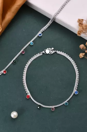 Set of 2 silver-plated stones studded anklets