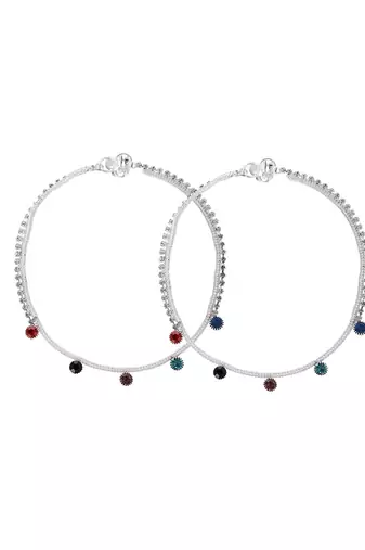 Set of 2 silver-plated stones studded anklets