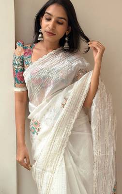 White premium crush orgenza sequins weaving pattern saree with unstitched blouse 1