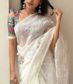 White premium crush orgenza sequins weaving pattern saree with unstitched blouse