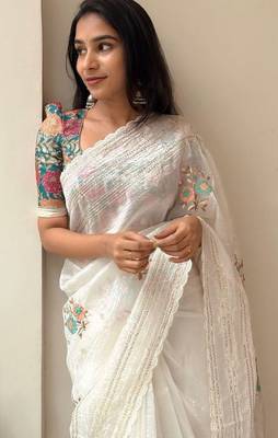 White premium crush orgenza sequins weaving pattern saree with unstitched blouse 2