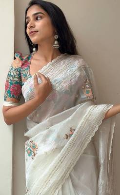 White premium crush orgenza sequins weaving pattern saree with unstitched blouse 3