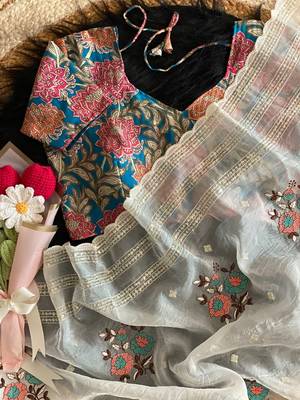White premium crush orgenza sequins weaving pattern saree with unstitched blouse 4