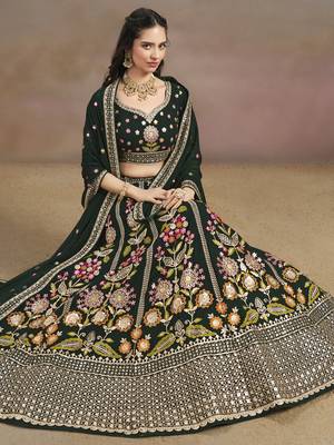 Mesmerizing Green Sequins Zari Dori and Multi Color Thread Embroidered georgette indian wedding designer lehenga dress 6