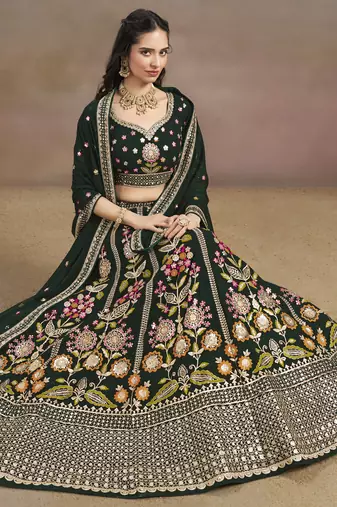 Mesmerizing Green Sequins, Zari, Dori and Multi Color Thread Embroidered georgette indian wedding designer lehenga dress