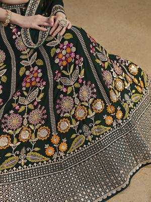 Mesmerizing Green Sequins Zari Dori and Multi Color Thread Embroidered georgette indian wedding designer lehenga dress 7