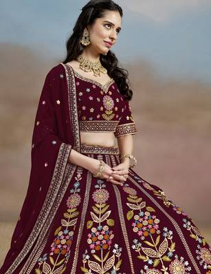 Fabulous maroon Sequins, Zari, Dori and Multi Color Thread Embroidered georgette designer wedding indian lehenga dress 6
