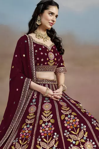 Fabulous maroon Sequins, Zari, Dori and Multi Color Thread Embroidered georgette designer wedding indian lehenga dress