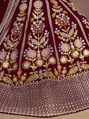 Fabulous maroon Sequins, Zari, Dori and Multi Color Thread Embroidered georgette designer wedding indian lehenga dress 7