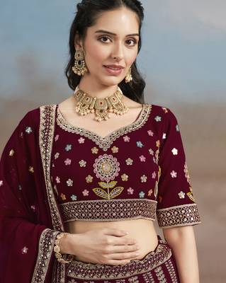 Fabulous maroon Sequins, Zari, Dori and Multi Color Thread Embroidered georgette designer wedding indian lehenga dress 8