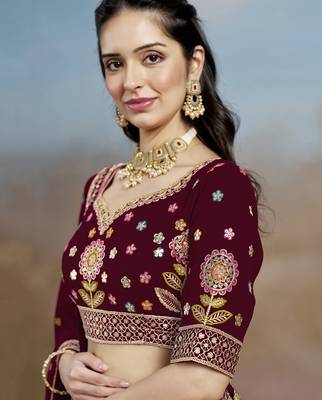 Fabulous maroon Sequins, Zari, Dori and Multi Color Thread Embroidered georgette designer wedding indian lehenga dress 9