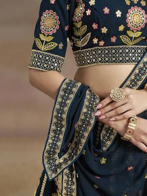 Enchanting Navy Blue Sequins, Zari, Dori and Multi Color Thread Embroidered georgette indian designer wedding lehenga 6