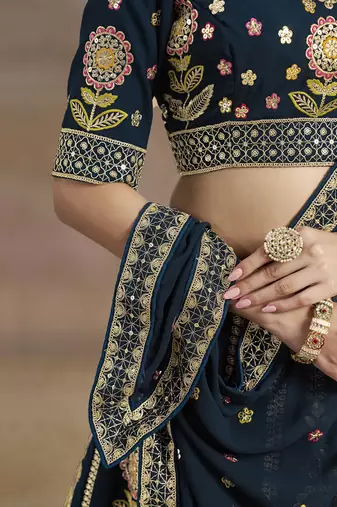 Enchanting Navy Blue Sequins, Zari, Dori and Multi Color Thread Embroidered georgette indian designer wedding lehenga