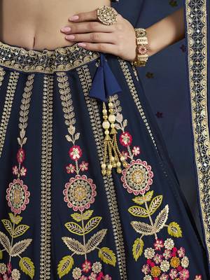 Enchanting Navy Blue Sequins, Zari, Dori and Multi Color Thread Embroidered georgette indian designer wedding lehenga 7