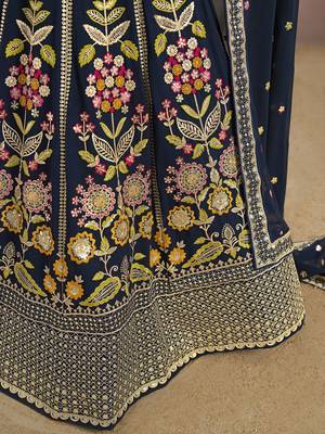 Enchanting Navy Blue Sequins, Zari, Dori and Multi Color Thread Embroidered georgette indian designer wedding lehenga 8