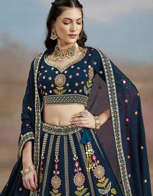 Enchanting Navy Blue Sequins, Zari, Dori and Multi Color Thread Embroidered georgette indian designer wedding lehenga 9
