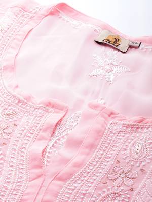 hand embroidered pink georgette lucknowi chikan straight kurta and slip with gota patti work 6