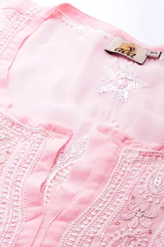 hand embroidered pink georgette lucknowi chikan straight kurta and slip with gota patti work