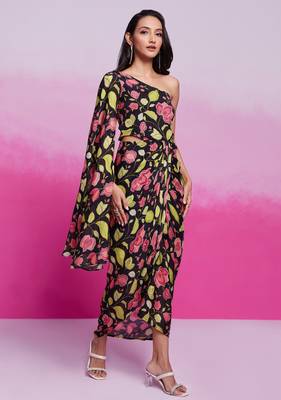 Tready black color chinon silk ready to wear printed co-ord set 1