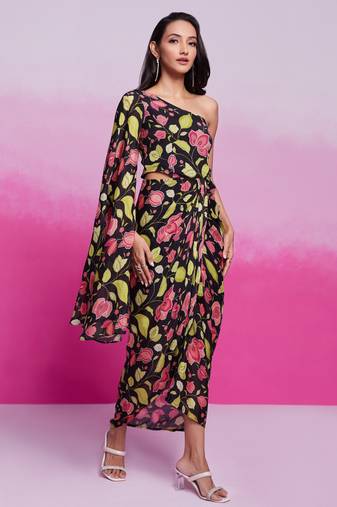 Tready black color chinon silk ready to wear printed co-ord set