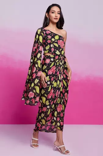 Tready black color chinon silk ready to wear printed co-ord set