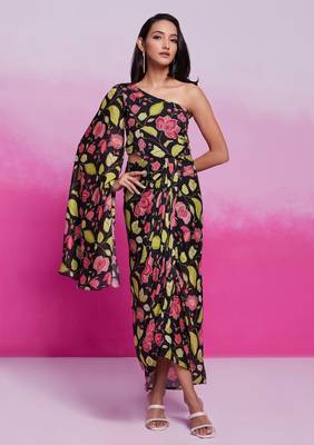 Tready black color chinon silk ready to wear printed co-ord set 2