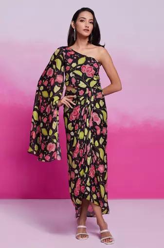 Tready black color chinon silk ready to wear printed co-ord set