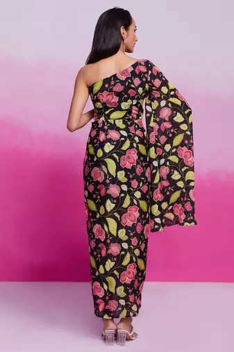 Tready black color chinon silk ready to wear printed co-ord set