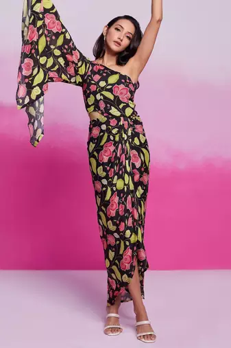 Tready black color chinon silk ready to wear printed co-ord set