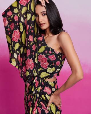 Tready black color chinon silk ready to wear printed co-ord set 5