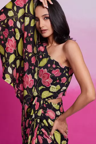 Tready black color chinon silk ready to wear printed co-ord set