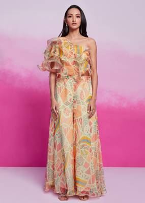 Lovely cream digital printed organza party wear crop top palazzo 1