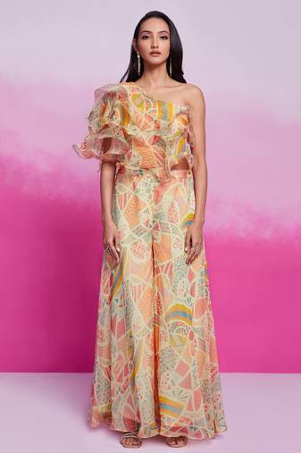 Lovely cream digital printed organza party wear crop top palazzo