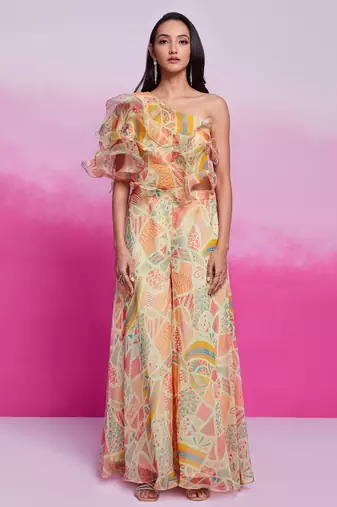 Lovely cream digital printed organza party wear crop top palazzo