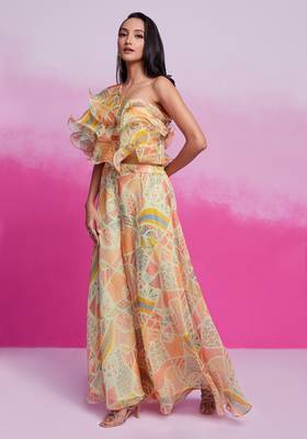 Lovely cream digital printed organza party wear crop top palazzo 2