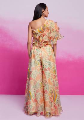 Lovely cream digital printed organza party wear crop top palazzo 3