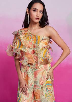 Lovely cream digital printed organza party wear crop top palazzo 4