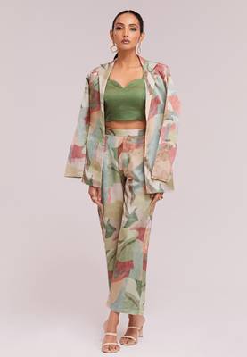 Awesome multi-color satin crop top with pant and blazer 1
