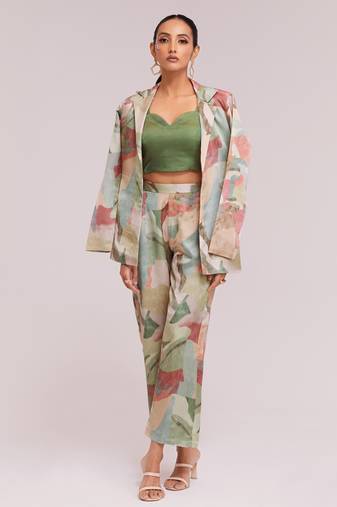 Awesome multi-color satin crop top with pant and blazer