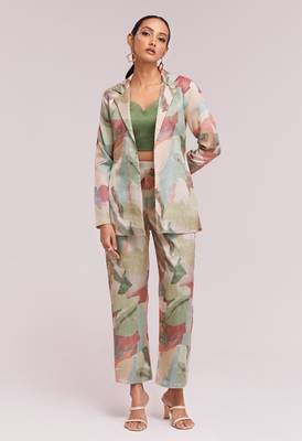 Awesome multi-color satin crop top with pant and blazer 2
