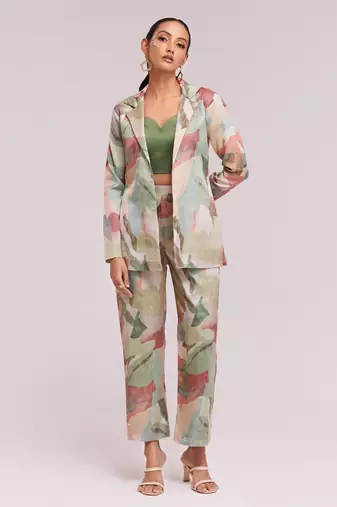 Awesome multi-color satin crop top with pant and blazer