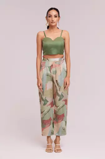 Awesome multi-color satin crop top with pant and blazer